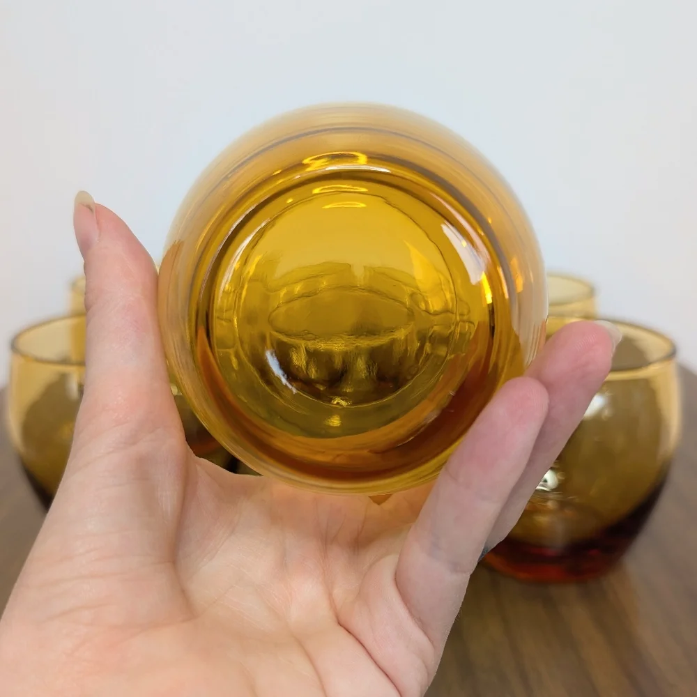 Set Of 8 Vintage 60s 70s MCM Amber Color Roly Poly Glasses Whiskey Stemless Wine